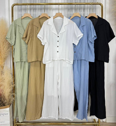 Collar Down Shirts With Loose Wide Leg Trousers Co-Ord Sets